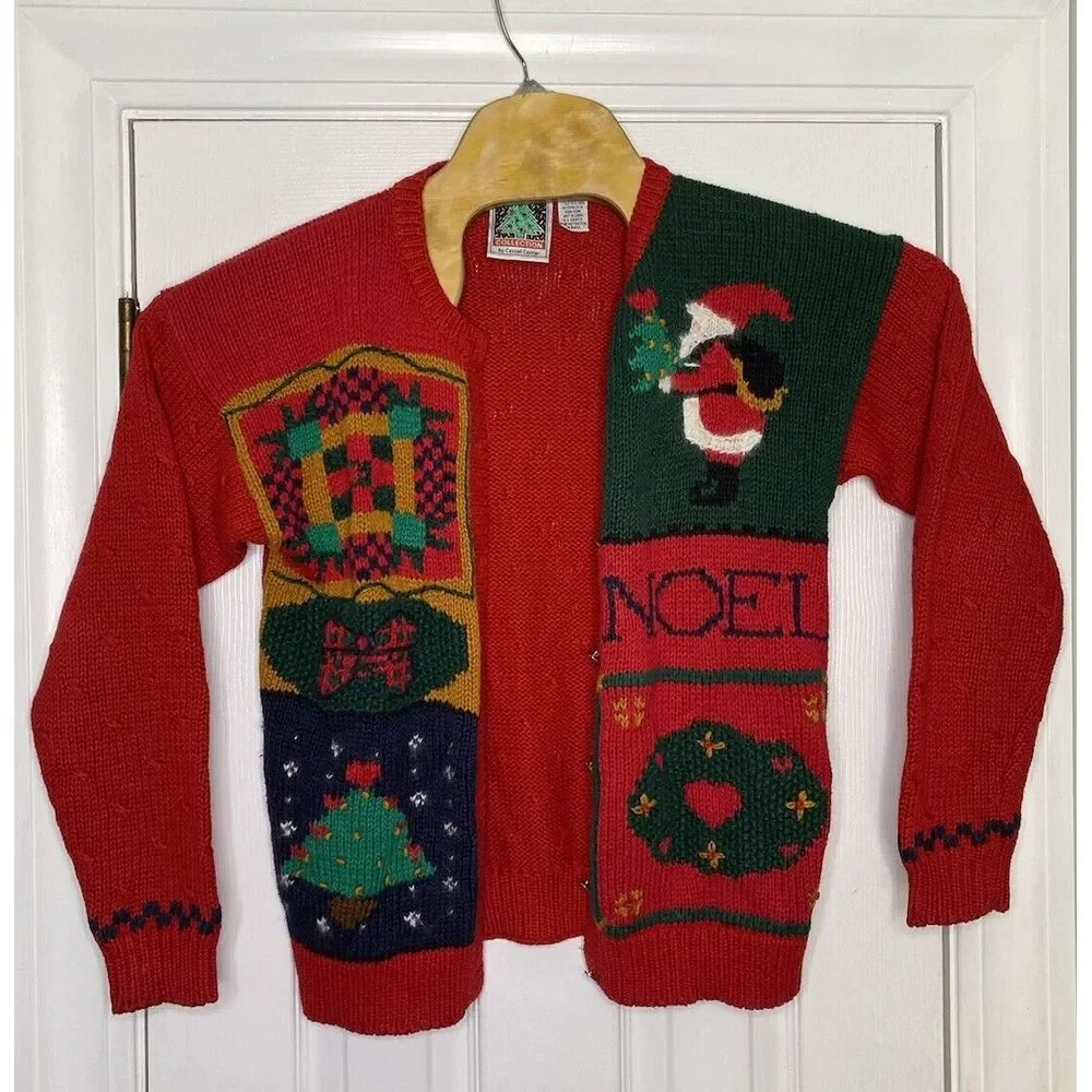 Vintage Casual Corner Women's Christmas Knit Cardigan Sweater Red‎ Small Santa